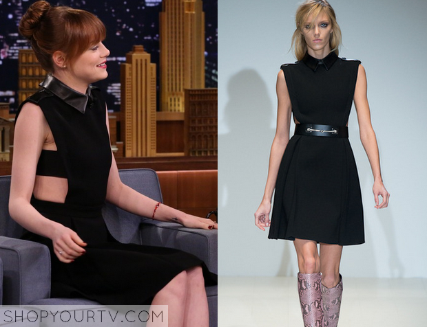 Jimmy Fallon Emma Stone S Black Leather Collar Cut Out Dress Shop Your Tv
