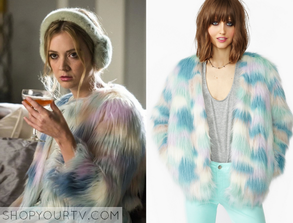 Chanel 3's multi colored fur jacket and denim skirt on Scream Queens