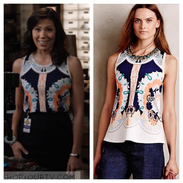 Bones Season 11 Episode 18 Angela S Sleeveless Printed Top Shop Your Tv