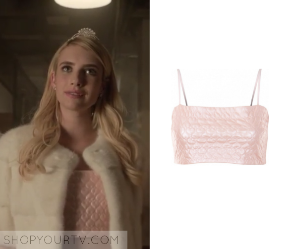 Chanel Oberlin style outfit from Scream Queens with pink formal dress,  white heels, pink chain strap bag