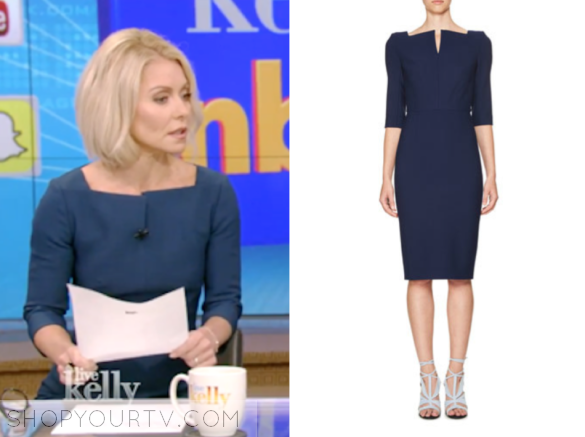 ROLAND MOURET 3/4-SLEEVE SPLIT-NECK SHEATH DRESS, NAVY