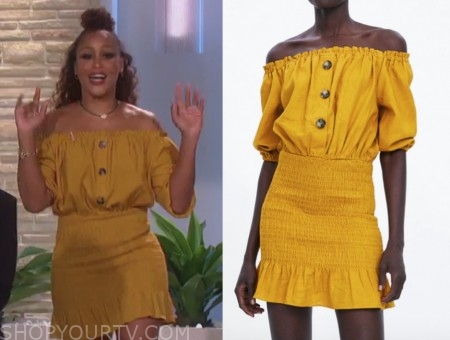 The Talk: April 2019 Eve's Yellow Off-the-Shoulder Dress | Fashion ...