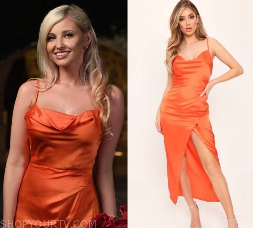 Love Island: Season 5 Episode 21 Amy's Red/Orange Satin Cowl Neck Dress ...