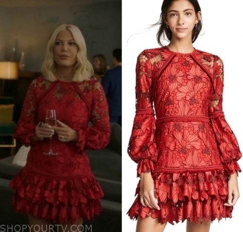 BH90210: Season 1 Episode 6 Tori's Red Lace Ruffled Dress | Shop Your TV