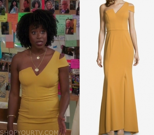 The Good Place: Season 4 Episode 7 Simone's Yellow One Shoulder Gown ...