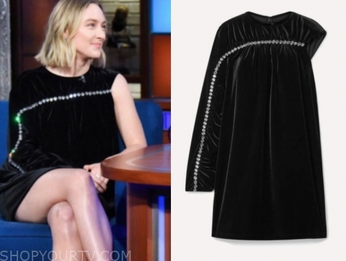 Saoirse Ronan black velvet one sleeve embellished dress