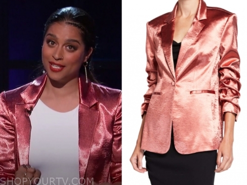 lilly singh rose gold satin blazer