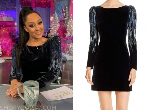 The Real: December 2019 Tamera Mowry's Velvet Embellished Sleeve Dress ...