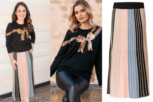 laura tobin's gold and black sequin sweater and pleated skirt