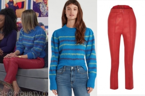 andrea lavinthal's blue striped sweater and red leather pants