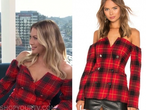 stassi shroeder's red plaid double breasted off-the-shoulder blazer top