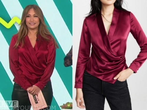 The Talk: January 2020 Carrie Ann Inaba's Burgundy Red Silk Wrap Blouse ...