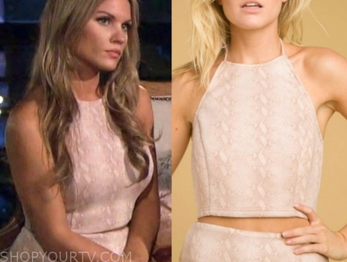 the bachelor, savannah m., blush pink snakeskin halter crop top