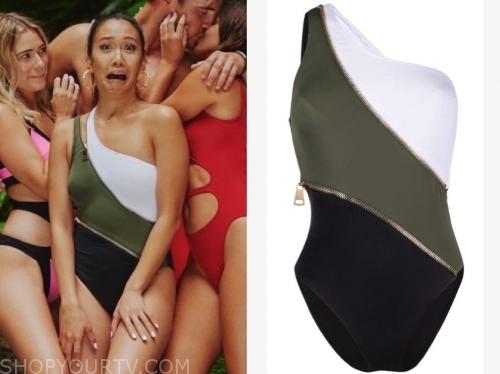 tammy l., the bachelor, colorblock one-shoulder swimsuit