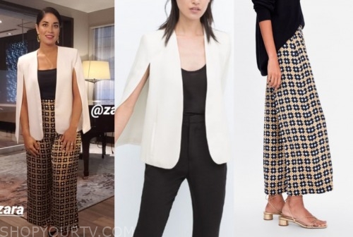 dr. viviana coles, married at first sight, white cape blazer, geometric printed pants