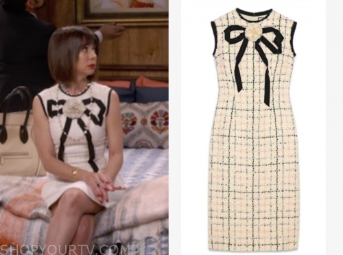 Natasha Leggero, elizabeth, broke, bow tweed sheath dress