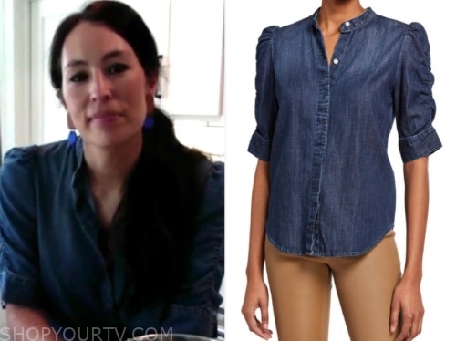 joanna gaines, good morning america, denim puff sleeve button down shirt