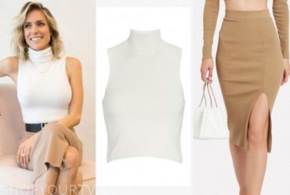kristin cavallai, white sleeveless turtleneck, camel skirt