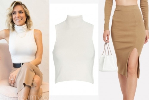 kristin cavallai, white sleeveless turtleneck, camel skirt