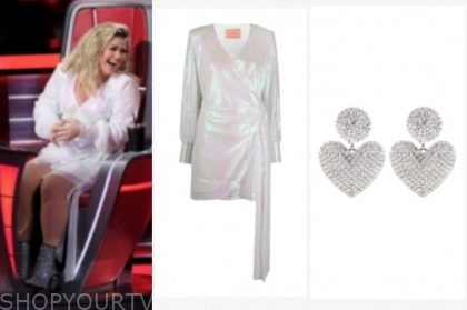 The Voice April 2020 Kelly Clarkson S Sequin Drape Dress And Heart Earrings Shop Your Tv