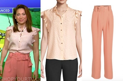 ginger zee, good morning america, pink dot ruffle top, pink belted pants