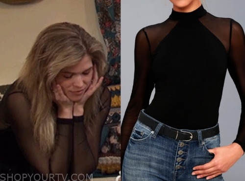 julia, listen to your heart, black sheer mock neck top