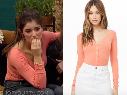 jamie, listen to your heart, coral orange henley top