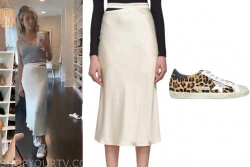 kristin cavallari, ivory silk skirt, leopard sneakers