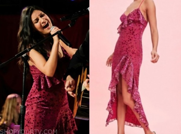 rudi, listen to your heart, pink ruffle velvet dress