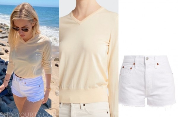 morgan stewart, E! news, yellow sweater, white shorts
