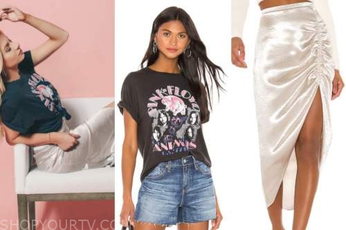 emily ferguson, the bachelor, black tee, metallic drape skirt