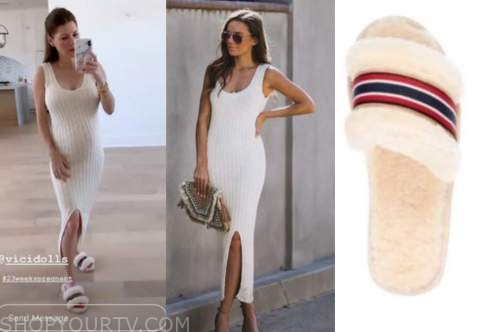 ashlee frazier, ivory ribbed midi dress, fur slides
