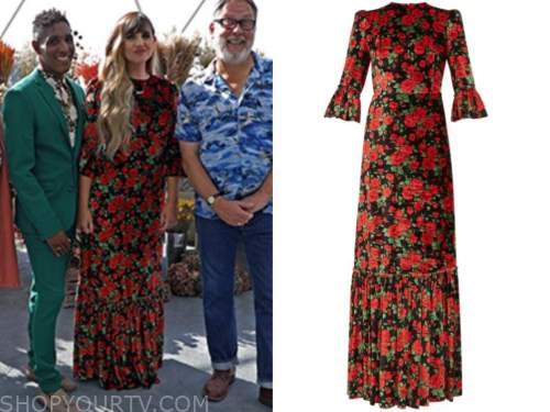 Natasia Demetriou, the big flower fight, netflix, black and red floral dress
