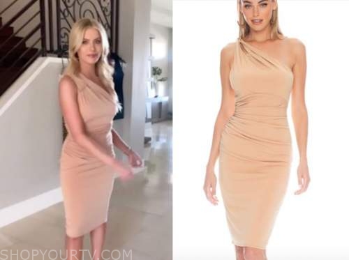 emily ferguson, the bachelor, beige one-shoulder dress