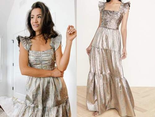 caila quinn, the bachelor, gold metallic maxi dress