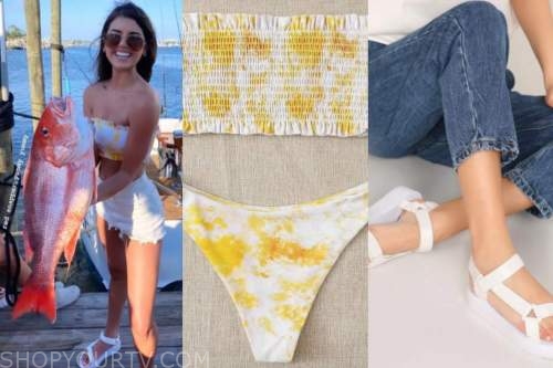 madison prewett, the bachelor, yellow tie dye bikini, white sandals
