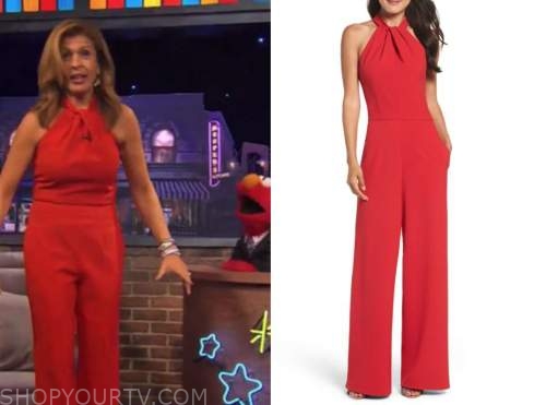 The Not-Too-Late show with elmo, hoda kotb, red twist halter jumpsuit