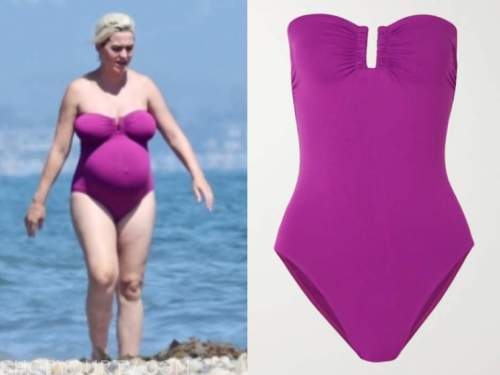 katy perry, purple strapless swimsuit