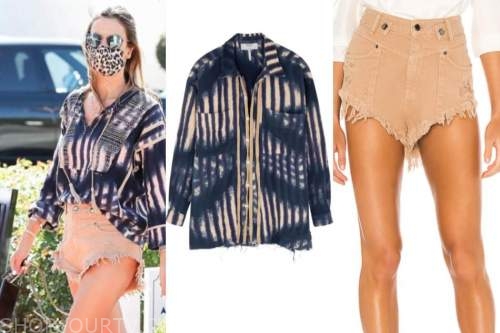 alessandra ambrosio, tie dye top, brown shorts