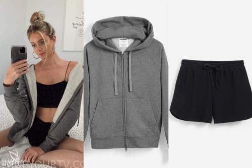 hannah godwin, the bachelor, grey hoodie, black shorts