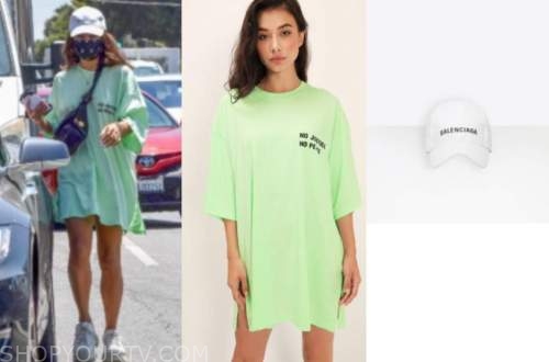vanessa hudgens, green tee dress, white cap, white sneakers