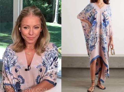 kelly ripa, pink and blue floral kaftan dress, live with kelly and ryan