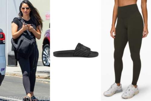 olivia munn, black slides, black leggings