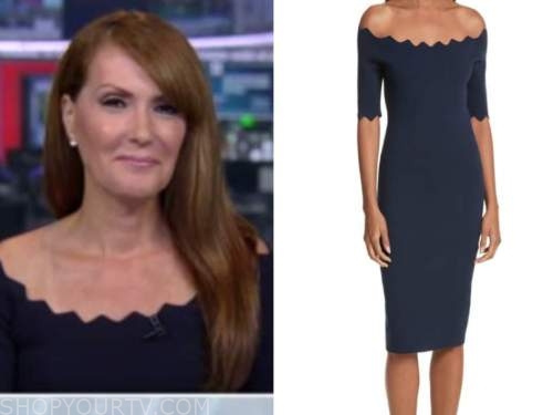 dagen mcdowell, outnumbered, navy scallop off-the-shoulder dress