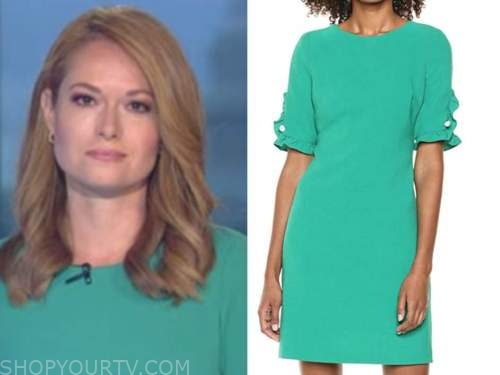 gillian turner, outnumbered, green pearl ruffle sleeve dress