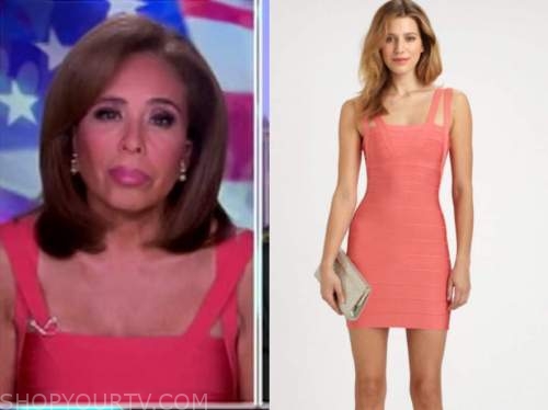 judge jeanine pirro, justice with judge jeanine, coral bandage dress