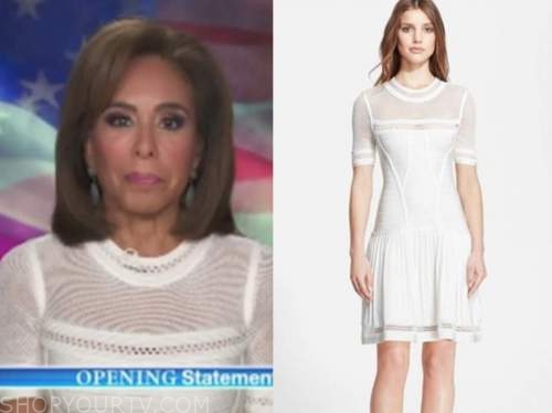 judge jeanine pirro, justice with judge jeanine, white bandage mesh dress
