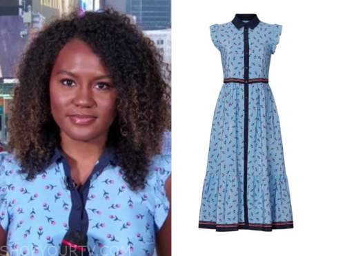 janai norman, good morning america, blue floral shirt dress