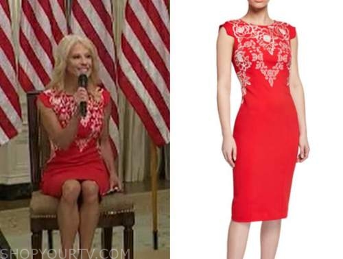 kellyanne conway, fox and friends, red and white floral embroidered sheath dress
