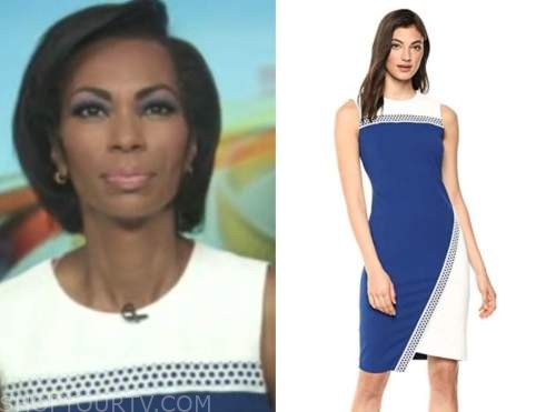 harris faulkner, fox and friends, blue and white colorblock dress